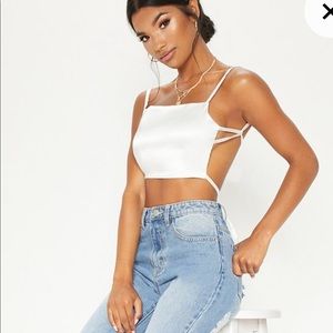 White satin open back top